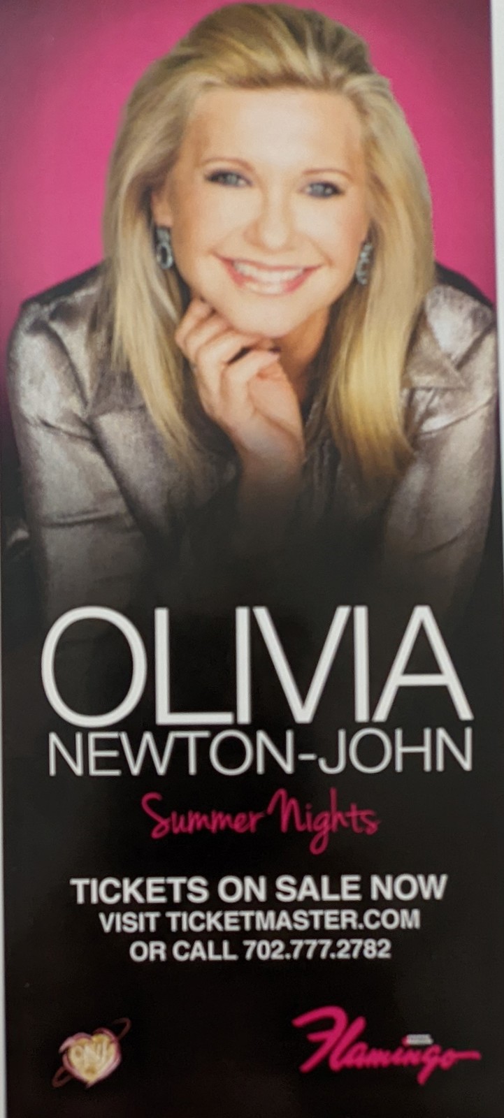 Primary image for Olivia Newton-John Summer Nights @ Flamingo Hotel Las Vegas Promo Card 9" x 4"