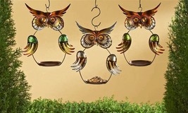 Owl Bird Feeders Set of 3 Hanging Iron 13" High Copper Green Brown Fly Through image 2