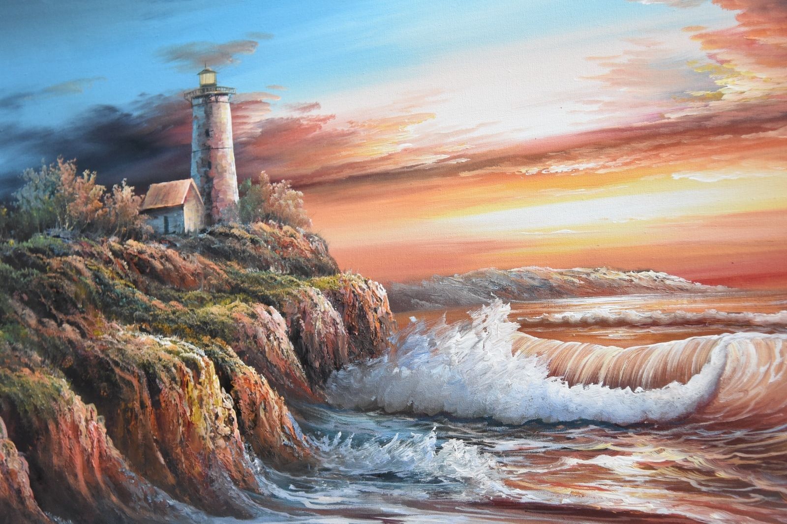 M ANDREA OIL PAINTIN CANVAS SIGNED SEASCAPE LIGHTHOUSE SEAGULLS WAVES ...