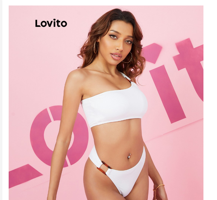 Lovito Sexy Plain Asymmetrical Off The Shoulder Bikini Sets L16X215 (White)
