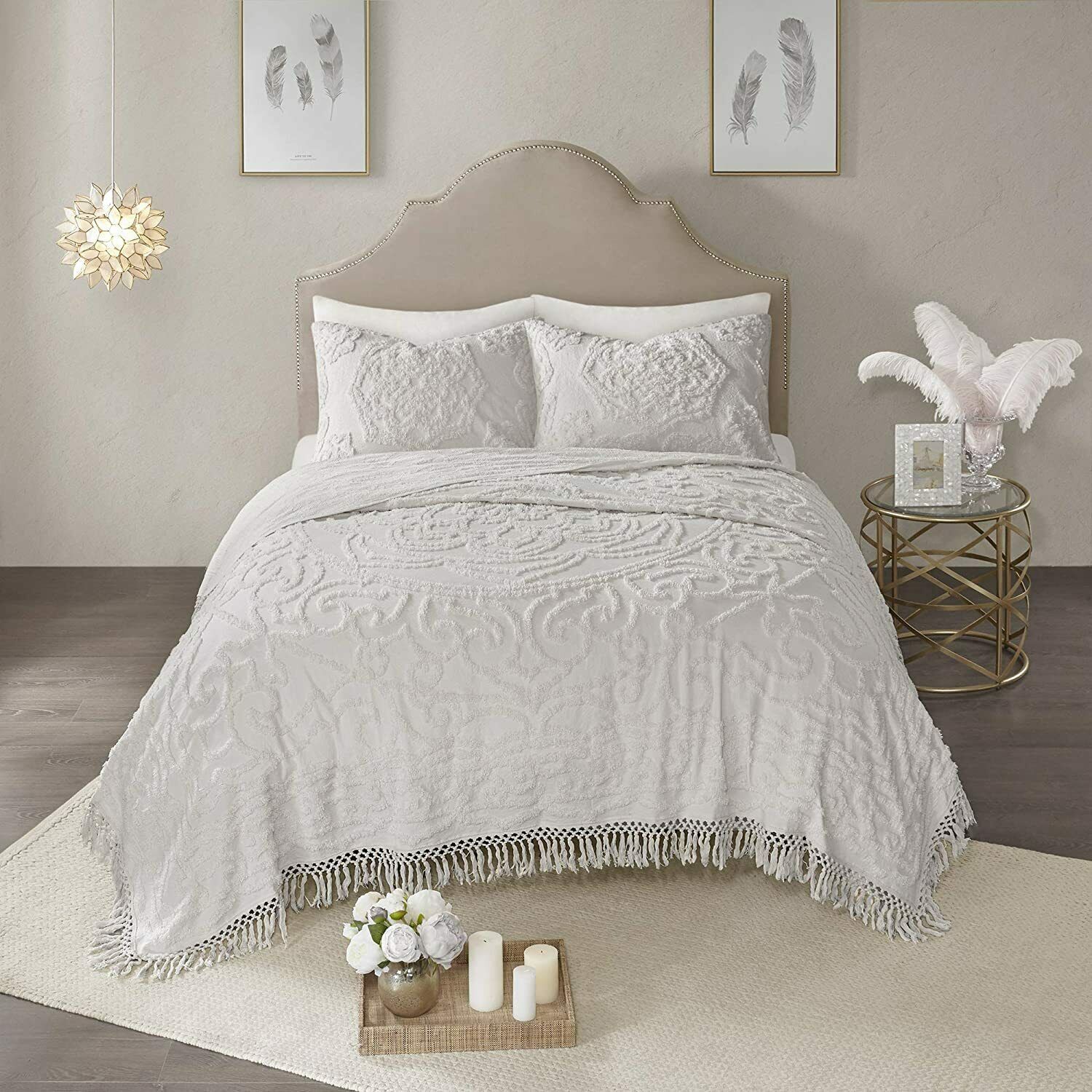 Chenille, Tufted, 100 Cotton Quilt, Shabby Chic, All Season, Bedspread, with Ma Comforters & Sets