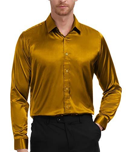 Men's Stylish Solid Satin Dress Gold Luxury Shirt Size M - Dress Shirts