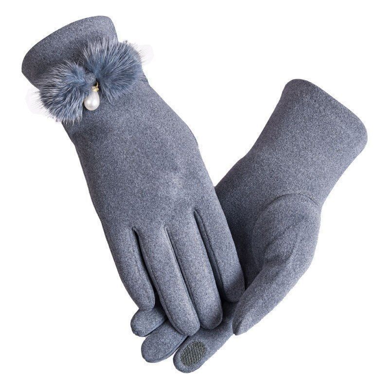 Women's Pearl Touch Screen Driving Glove Winter Mink Fur Bow Plus Velvet Thicken