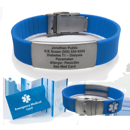 Silicone Sport Medical Alert ID Bracelet-BLUE-Free 6 lines of custom engraving