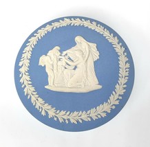 Vintage WEDGWOOD Blue Jasperware Round Lidded Trinket Box w/ Cherub Mask pattern - $29.68