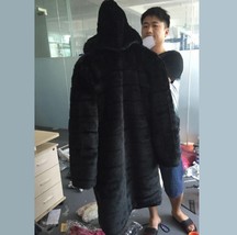  Full Plus Sized Unisex Hooded Long Black Sleek Imitation Mink Faux Fur 