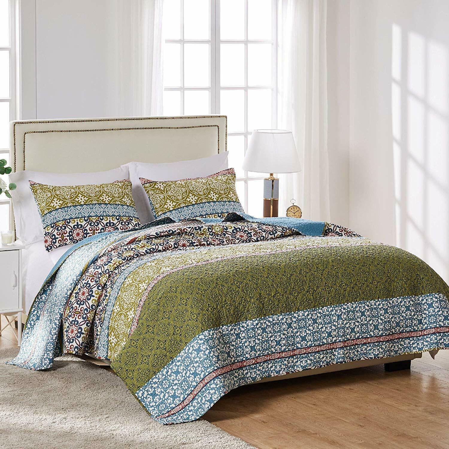 Nice Queen Quilt Set 100 Cotton Green Colorful Bedding Set Quilted