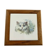 Vintage Tile Wood Framed White Cat Trivet Wall Hanging Square Kitty Coll... - $24.75