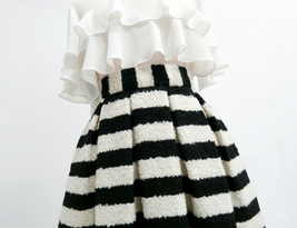 Women Black White Striped Pleated Midi Skirt Winter Wool Pleated Party Skirt image 5