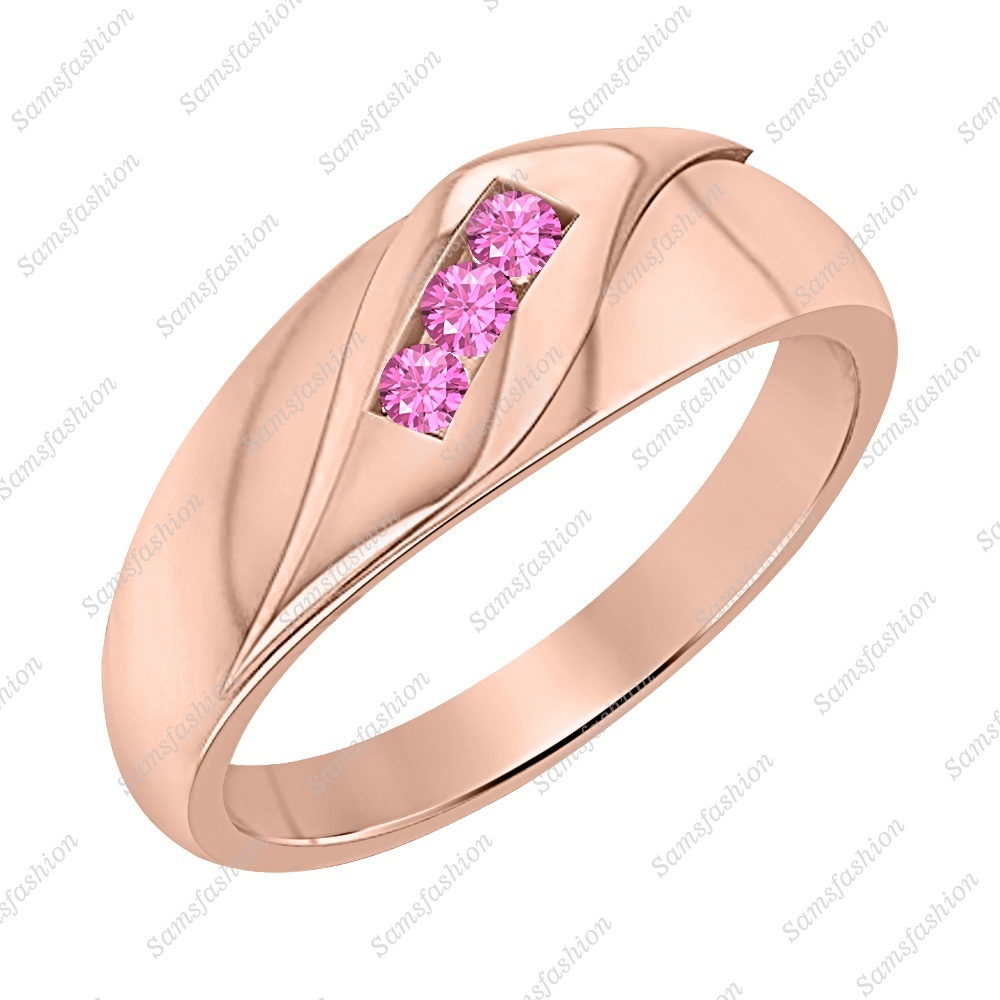Round Cut Pink Sapphire 14k Rose Gold Over 925 Sterling Silver 3 Stone Mens Ring
