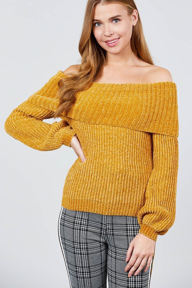 Long Sleeve Fold Over Off The Shoulder Chenille Sweater - Sweaters
