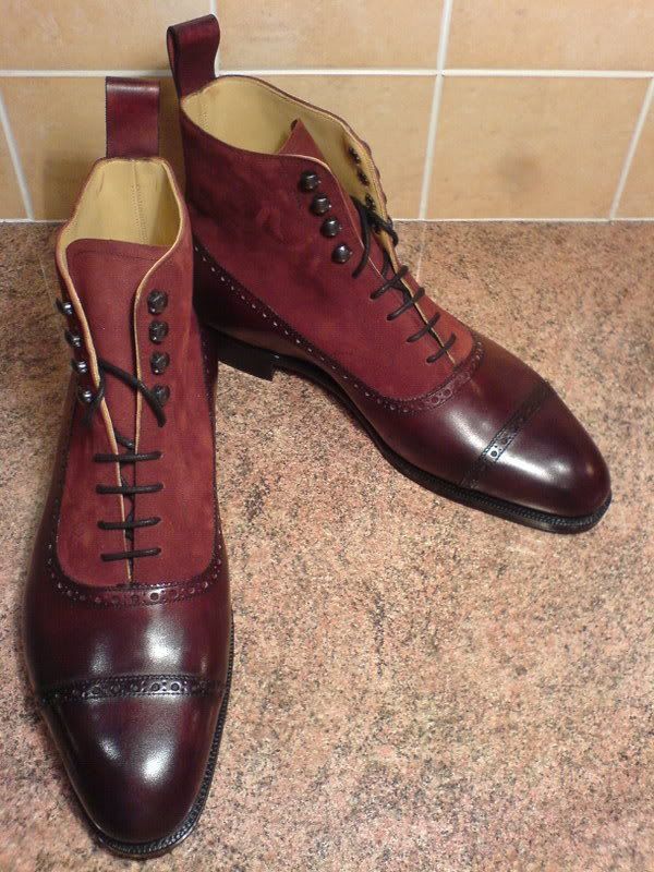 Men Two Tone Maroon Red Burnished Cap Toe High Ankle Suede Leather Lace up Boots