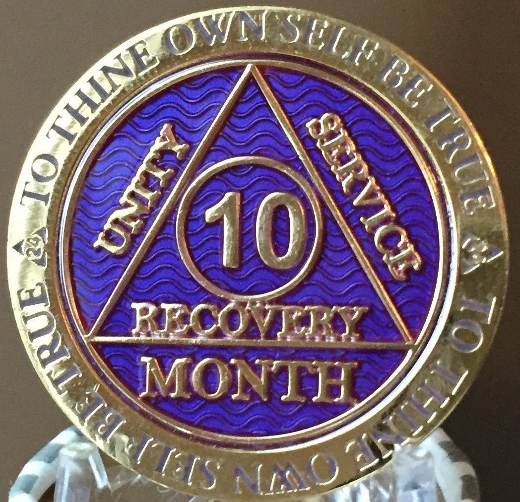 10 Month AA Medallion Reflex Purple Gold Plated Sobriety Chip Coin