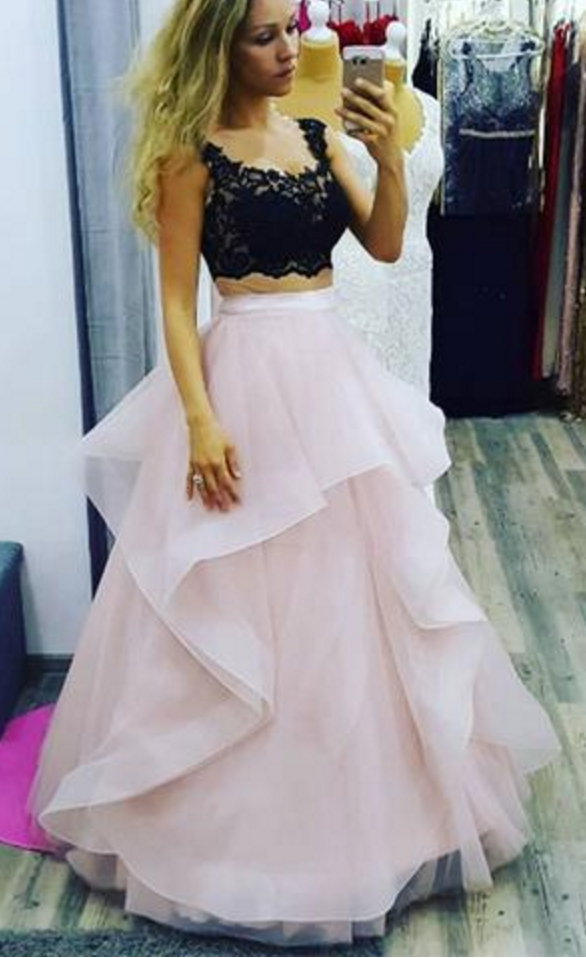 2 Pieces Pink Tulle Prom Dress Scoop Neck Lace Women Dress