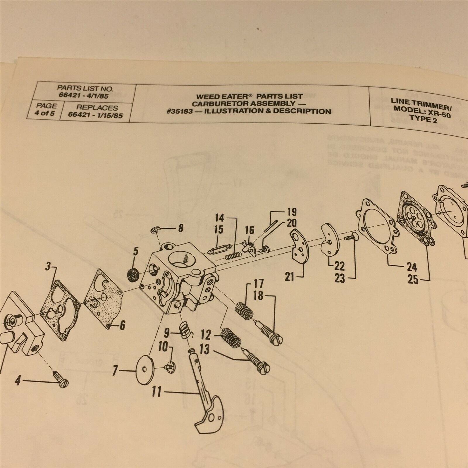 1985 Weed Eater Model XR50 Type 2 Line Trimmer Parts List 66421