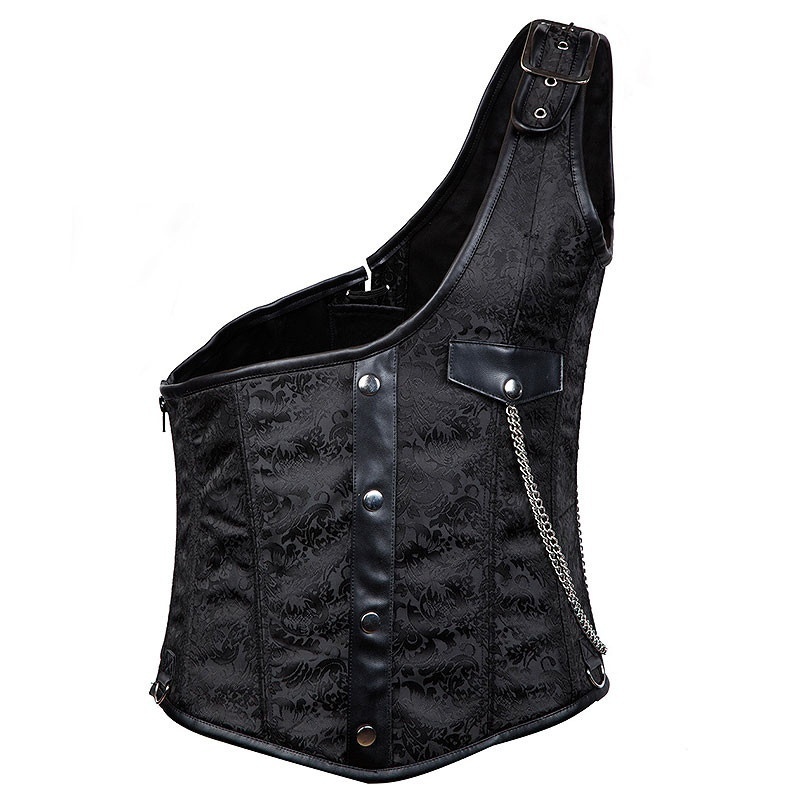 Black Brocade Buckled One-Shoulder Sleeveless Steel Boned Vintage Gothic Jacket