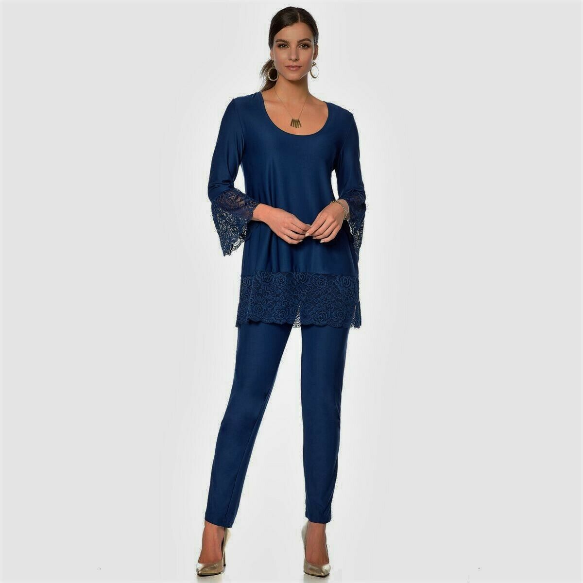 SlinkyÂ® Brand 2-piece Lace Trim Tunic and Pant Set 609-266 Navy X-Small - Pants