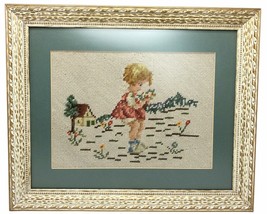 Framed Vintage Needlepoint Little Girl Child with Bouquet Picking Flowers House - $49.49