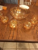 VINTAGE EGG NOG SET Punch Bowl JEANETTE Marigold Carnival Glass 6 CUPS 1... - $45.75