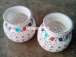Set of 2 White Marble Pot Marquetry Art Inlay Lattice Work Home Best Gif... - $573.77