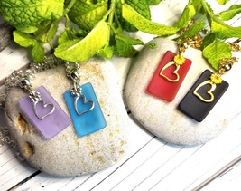 Curved Beach Glass Pendants with charm, Black, Red, Aqua, Pink, Lavender, Peacoc - $20.00