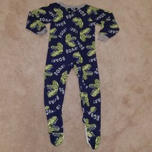 Dinosaur T-Rex Fleece Footie Pajamas Boys 5-6 Navy Blue Green Roar - $9.85
