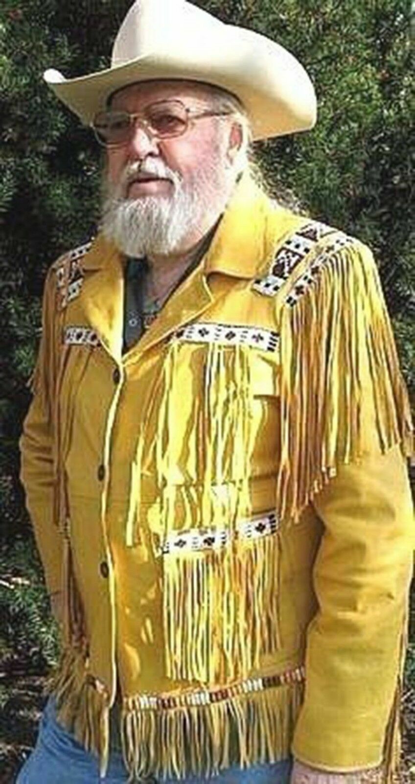 Yellow Western Fringed Style Beaded Patches Genuine Finished Cow Leather Jacket