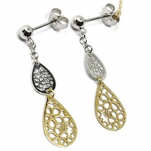 18K YELLOW WHITE GOLD PENDANT EARRINGS, DOUBLE FLAT DROPS WITH FLOWERS, 3.5cm image 1