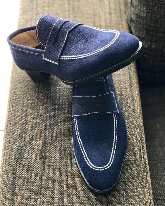 Men's Blue Color Penny Loafer Moccasin Casual Wear Genuine Suede Leather Shoes