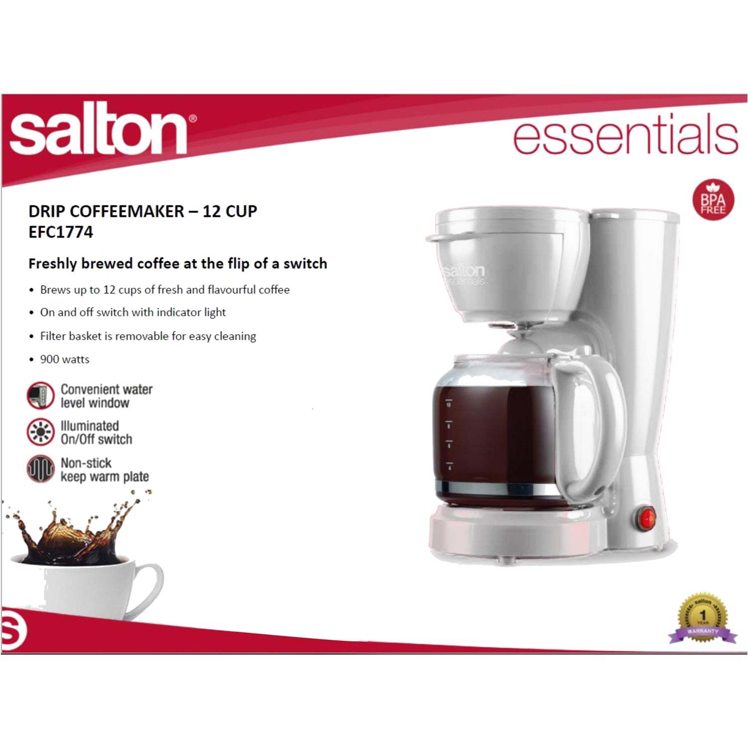 Salton Essentials EFC1774 12 Cup Coffee Maker, 900 Watts, White Filter Coffee Machines
