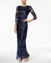 Tahari Navy Sequined Lace Illusion Formal Dress Size 6 - $99.00