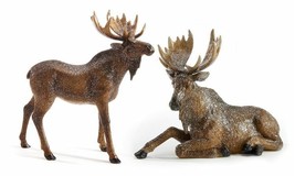 Moose Figurines Set of 2 One Standing and One Sitting Brown Poly Stone Glitter