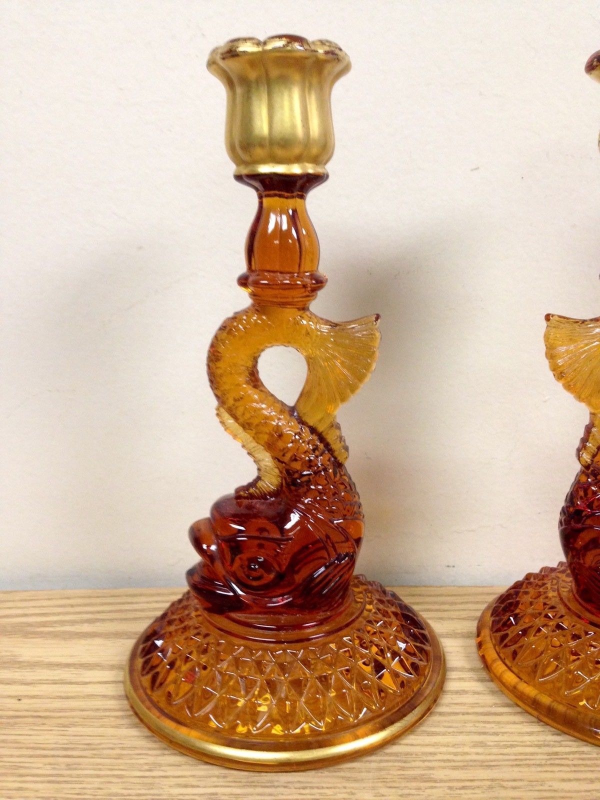 Pair Of Vintage Cambridge Amber Glass Koi Fish Candlestick Holders
