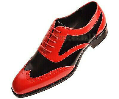 Handmade Men's Leather Oxfords Two Tone Red Black Contrast Wing Tip shoes-847