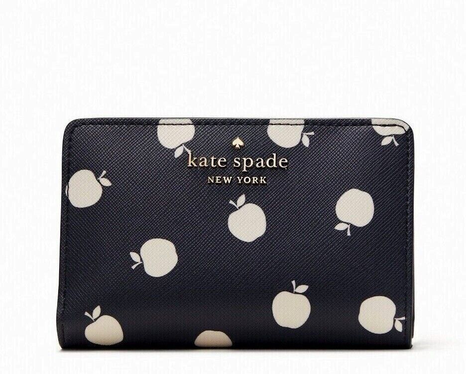 New Kate Spade Staci Orchard Toss Print Medium Compact Wallet Blazer Blue