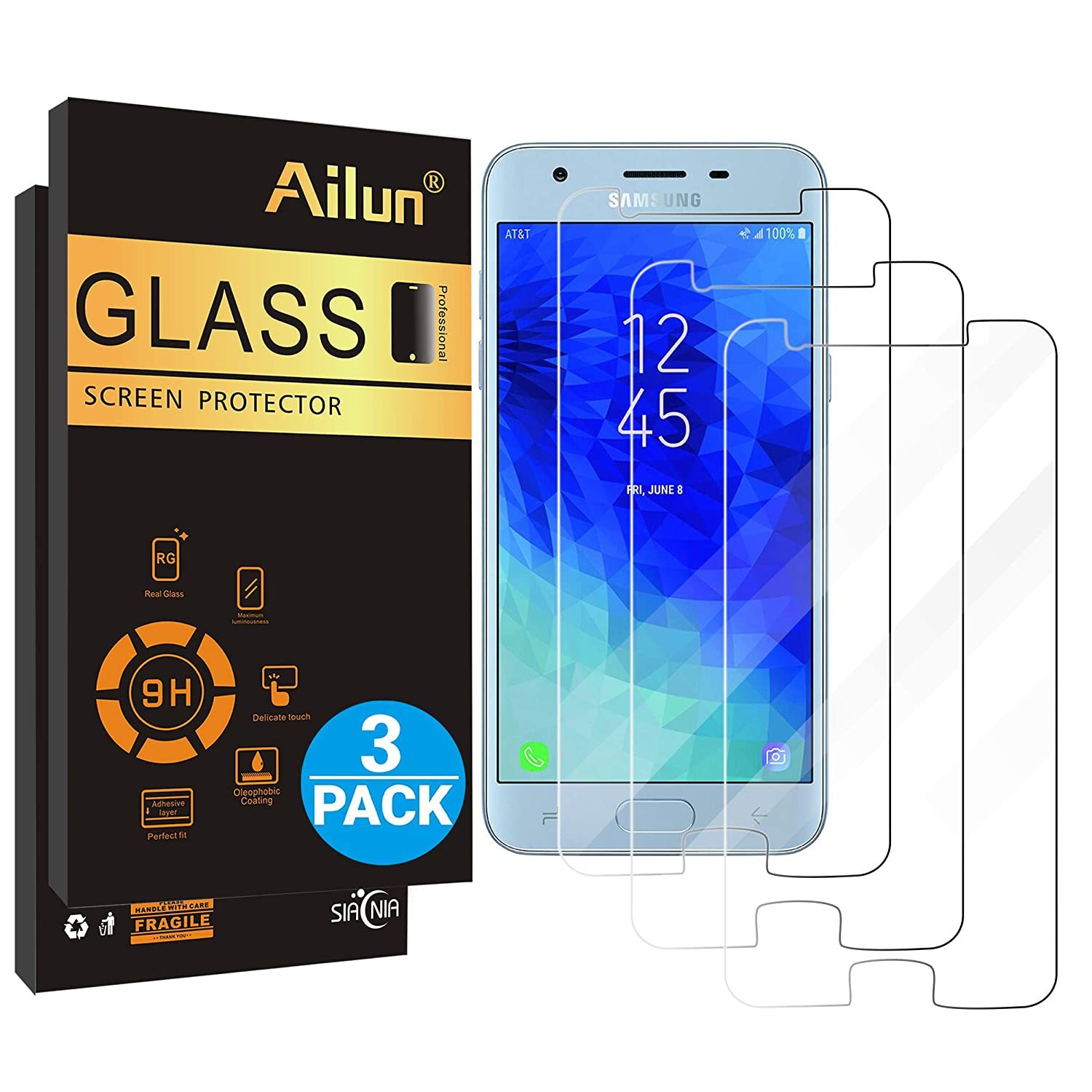 Primary image for Ailun Screen Protector for Galaxy J3 2018 3Pack Tempered Glass for Samsung Galax