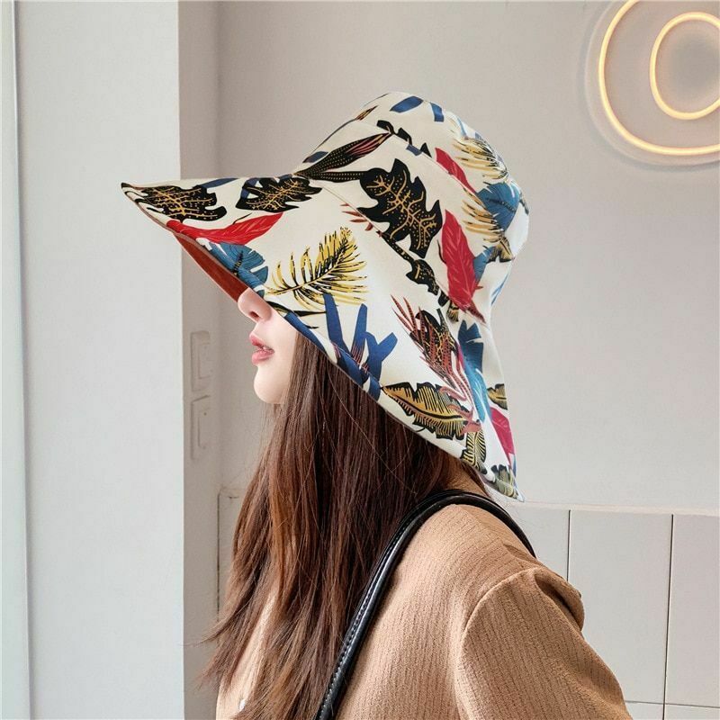 Summer Women Bucket Hat Flower Leaf Print Fisherman Sunshade Wide Brim Cap