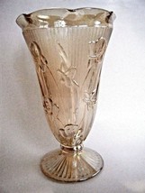 Iris &amp; Herringbone Marigold Carnival Glass Ruffle Edge Pedestal Vase 9&quot; - $17.77