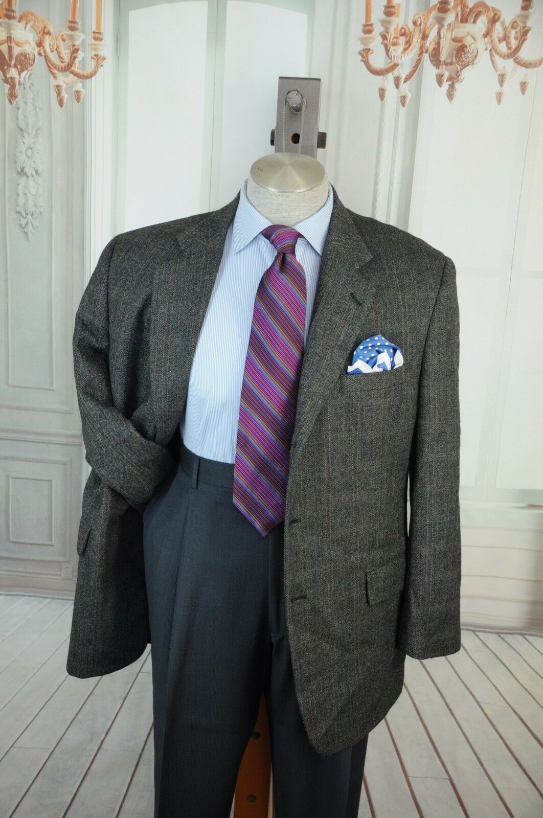 Jos A Bank Men's Gray & Brown Tweed Windowpane Wool Sport Coat Blazer