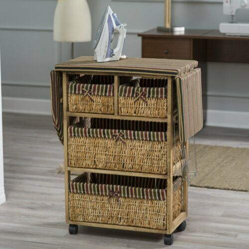 Oak Folding Ironing Board Laundry Cart 4 Bin Organizer Wheels Storage