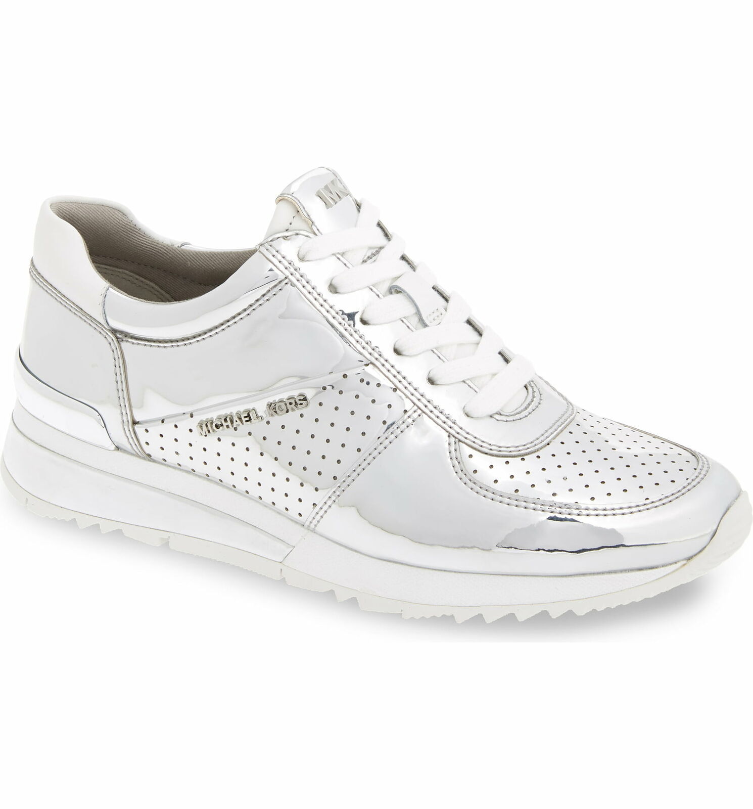 silver athletic shoes