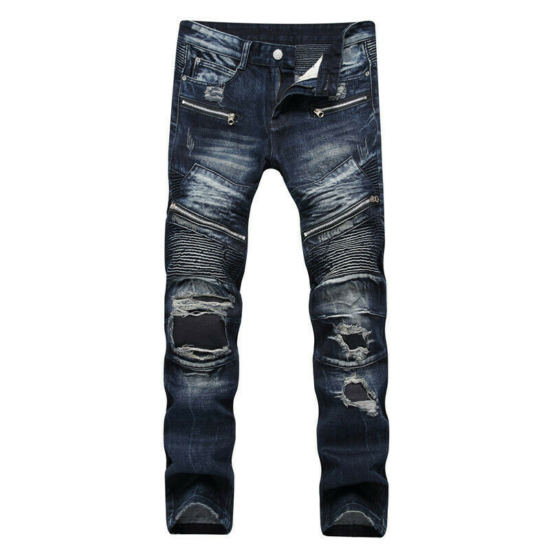 Men Jeans Wrinkle Zipper Jeans Distressed Knee Hole Pants Motorcycle ...