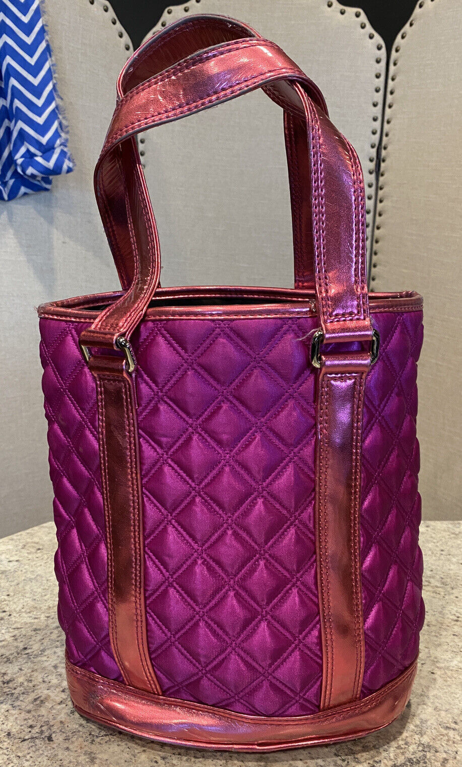 Marc Jacobs Satchel Quilted Satin Bucket Bag Tote Fuchsia Pink Metallic Women