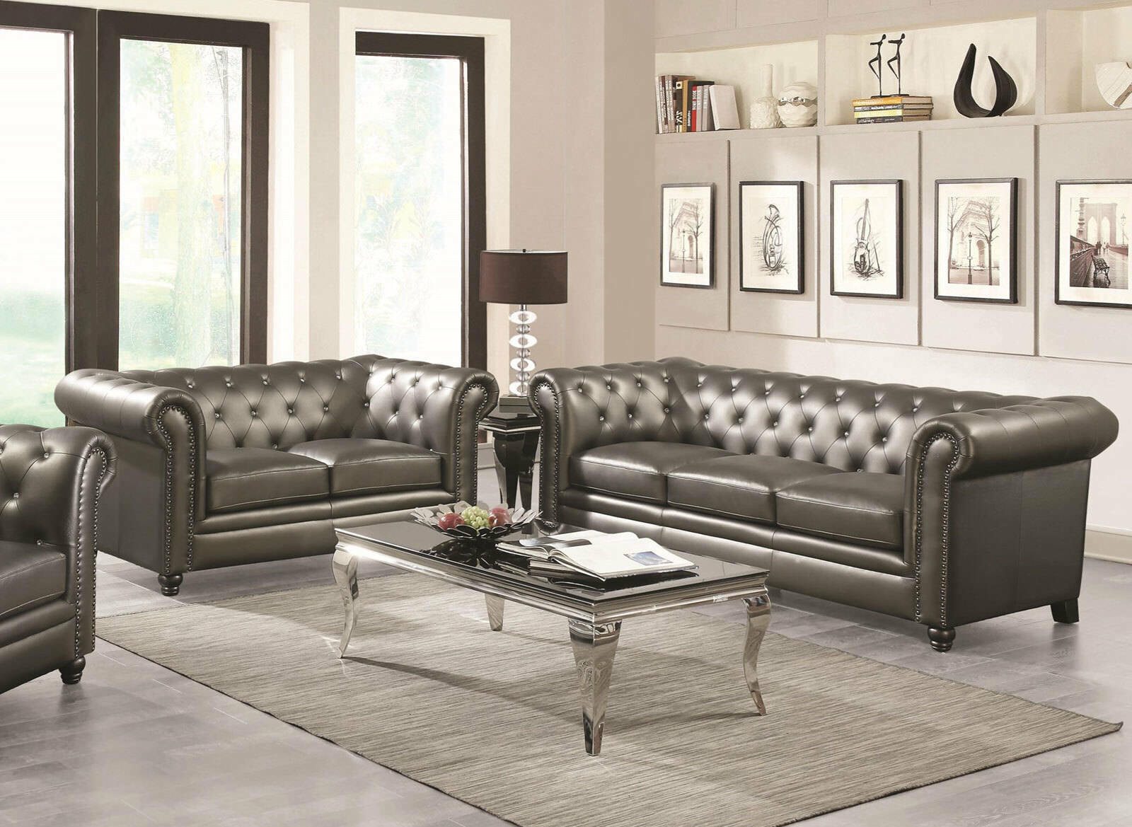 ARIA Traditional Living Room Couch Set NEW Dark Gray Faux Leather Sofa Loveseat - Sofas 
