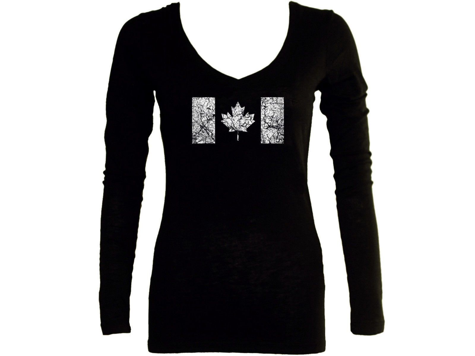 Canadian Flag distressed print black women sleeved v neck t-shirt fit ...