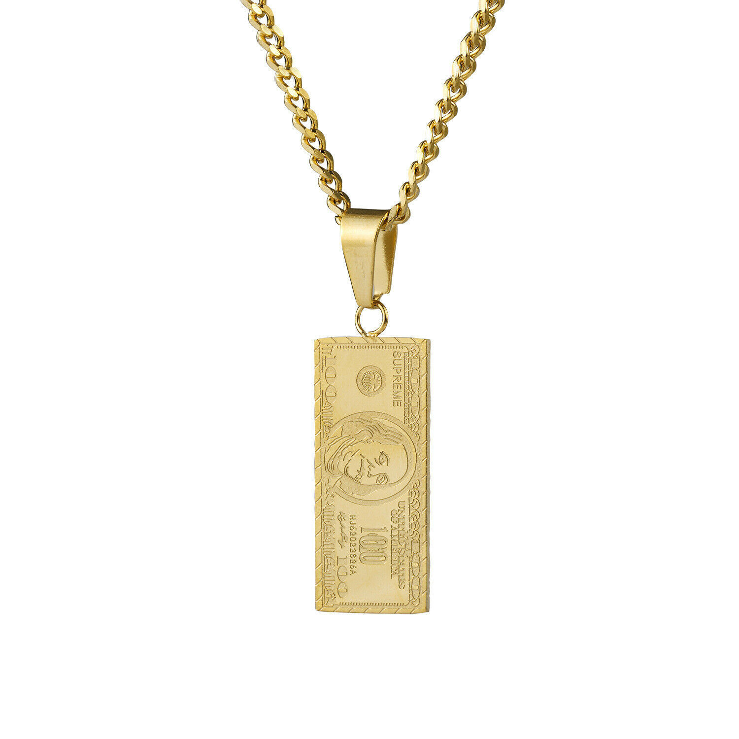 14K Yellow Gold Plated 100 One Hundred Dollar Bill Cz pendant 4mm 24