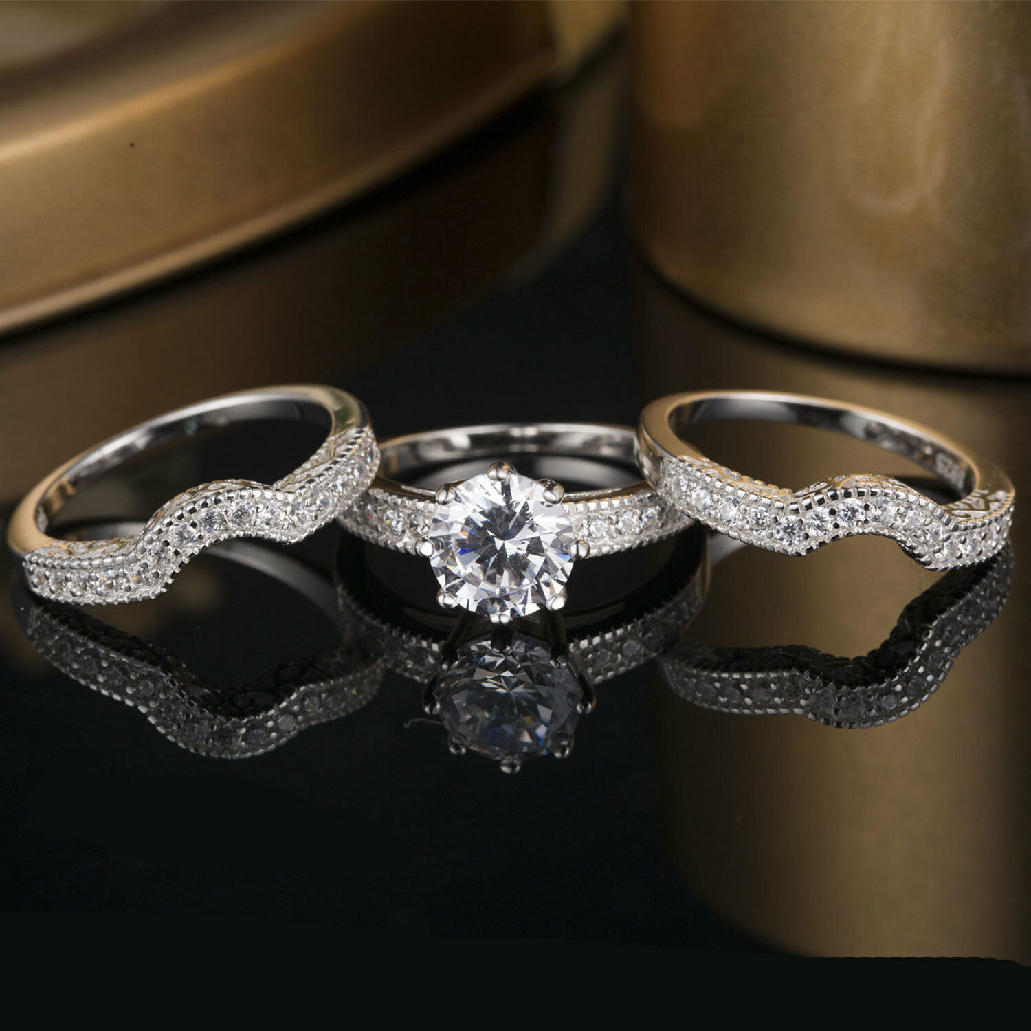 925 Sterling Silver Wedding Engagement Rings 3 Pcs Set