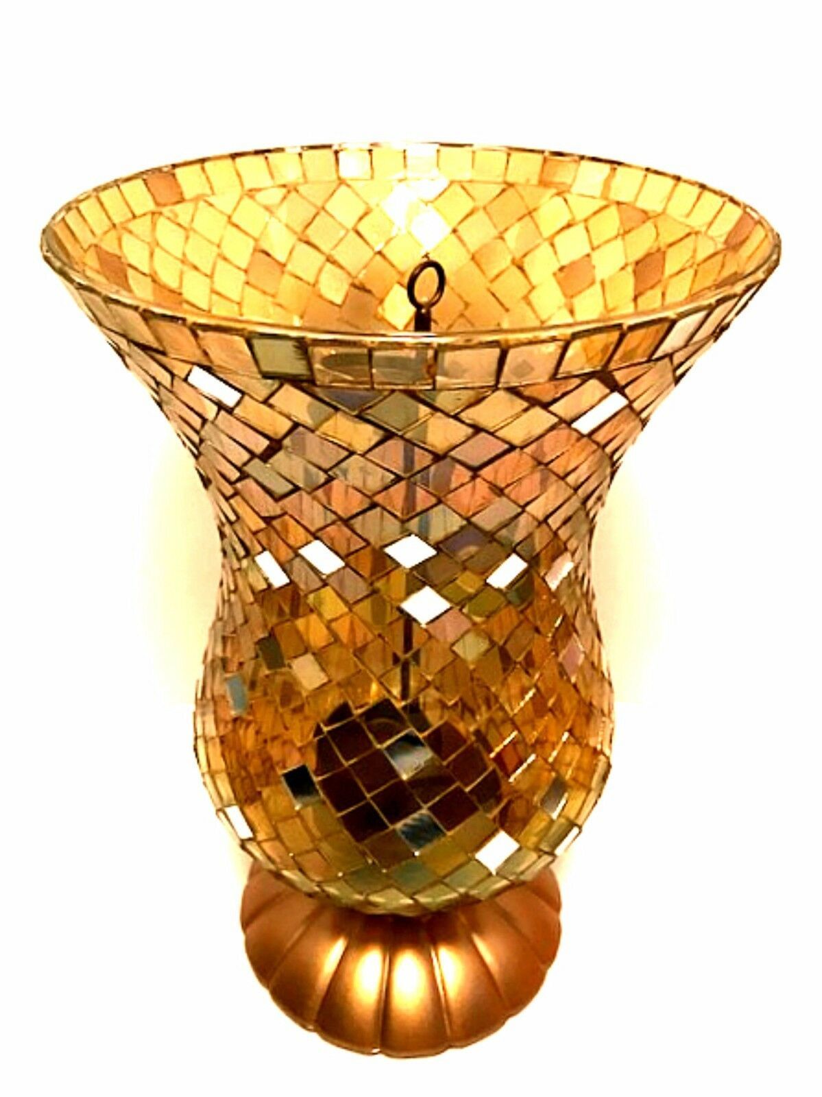 PartyLite Candle Holder Gold Global Fusion Mosaic Hurricane Stained Glass Vase Decorative