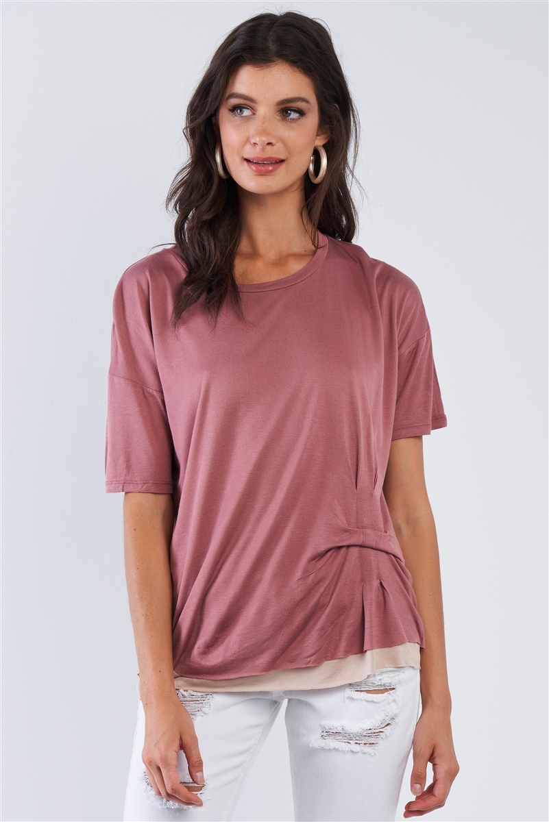 Rose Layered Soft Loose Fit Short Sleeve Top With One Sided Ed Seam