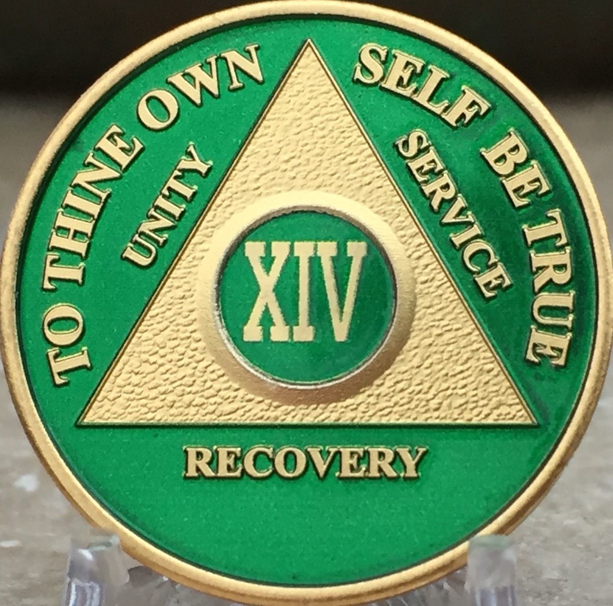 14 Year AA Medallion Green Gold Plated Alcoholics Anonymous Sobriety Chip Coin